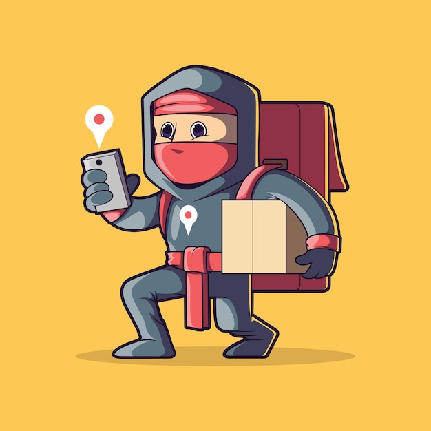 Personaje ninja entregando paquetes ilustración vectorial concepto de diseño de entrega de marca de trabajo