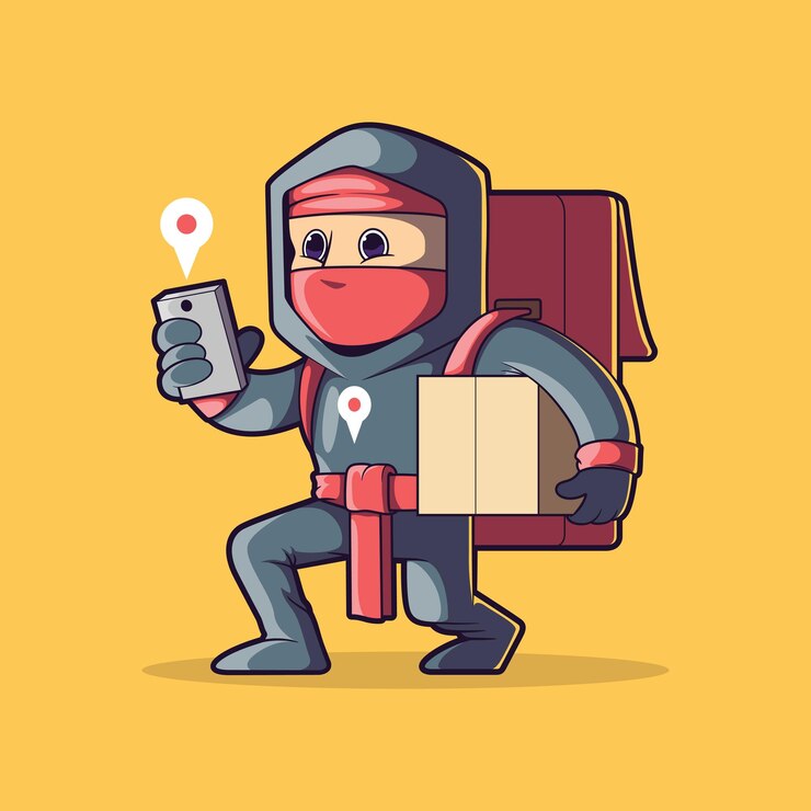Vector personaje ninja entregando paquetes ilustración vectorial concepto de diseño de entrega de marca de trabajo