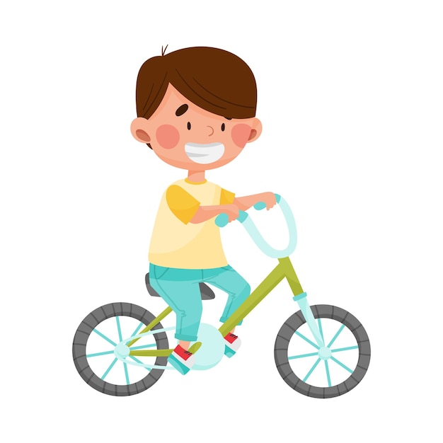 Vector personaje de niño alegre en bicicleta o montar en bicicleta ilustración vectorial al aire libre