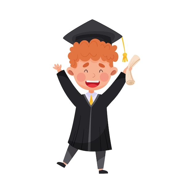 Personaje de niño en bata académica y gorra cuadrada animando sobre la ceremonia de graduación Ilustración vectorial