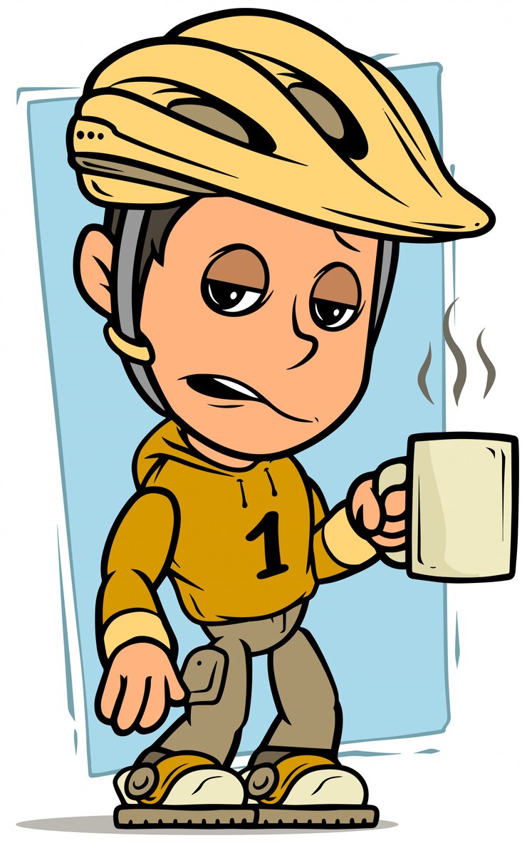 Vector personaje de niño ciclista de dibujos animados con taza de café