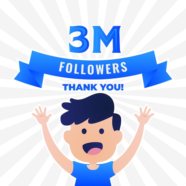 Vector personaje de niño de dibujos animados alegre y agradecido celebrando gracias fondo de 3 millones de seguidores