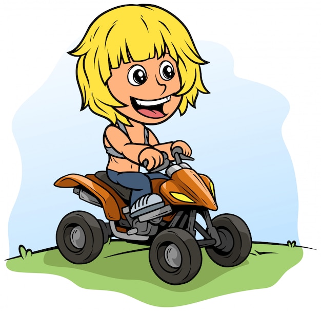 Vector personaje de niño de dibujos animados conduciendo moto quad