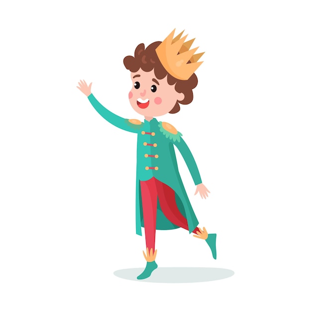 Personaje de niño de dibujos animados lindo en traje de príncipe con vector colorido corona ilustración sobre un fondo blanco