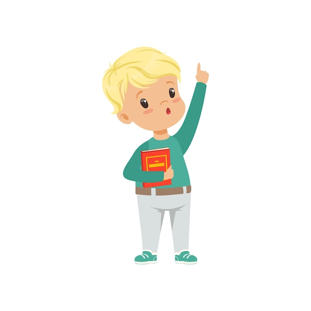 El personaje de un niño lindo de pie y sosteniendo un libro de vector Ilustración aislada sobre un fondo blanco