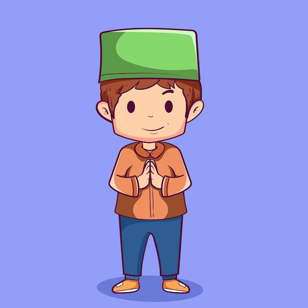 personaje niño musulmán lindo celebrando salaam ramadan mubarak eid mubarak ilustración vectorial de dibujos animados