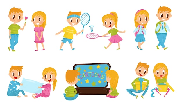 Personaje de niño y niña pasando tiempo juntos Ilustraciones vectoriales Conjunto de personajes de ojos grandes Viendo dibujos animados y jugando conceptos de bádminton