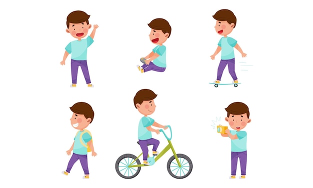 Personaje de niño participando en un juego de computadora jugando a patinaje y ciclismo Ilustración vectorial