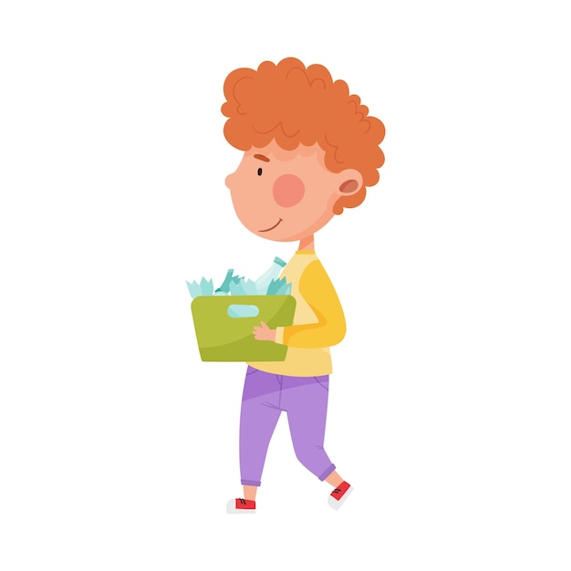 Vector personaje de niño pelirrojo que lleva vidrio roto para la ilustración vectorial de reciclaje