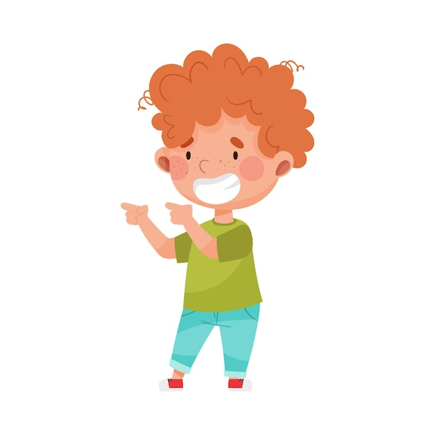 El personaje del niño de pelo rojo señalando algo con su ilustración vectorial del primer dedo