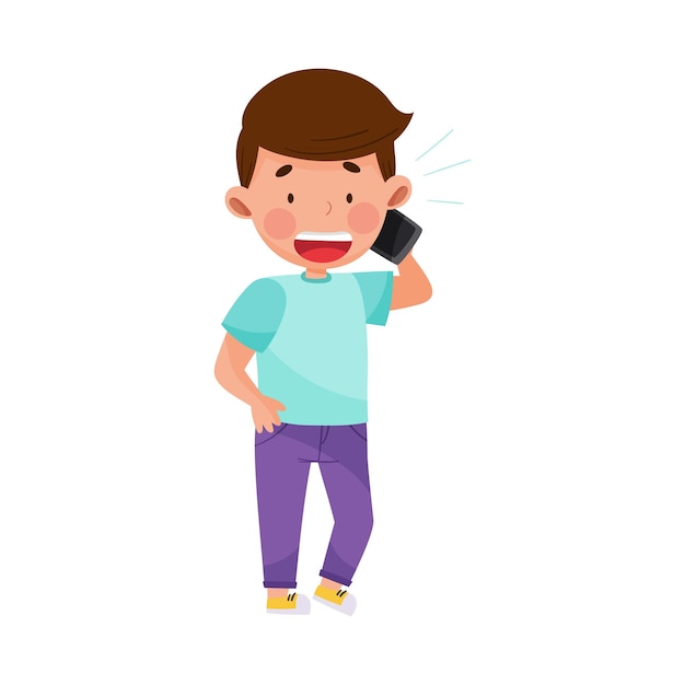 Vector personaje de niño pequeño de pie y hablando por ilustración vectorial de teléfono