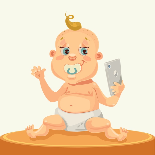 Personaje de niño pequeño con smartphone. ilustración de dibujos animados plana