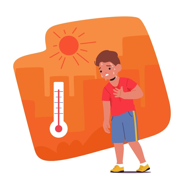 Vector personaje de niño pequeño sonrojado y letárgico que lucha para hacer frente al calor abrasador del sol del desierto siente dolor