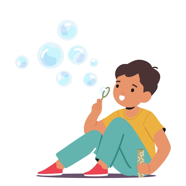 Personaje de niño pequeño soplando juguetonamente delicadas pompas de jabón maravillándose de sus colores iridiscentes y su frágil existencia creando momentos de deleite inocente Personas de dibujos animados ilustración vectorial