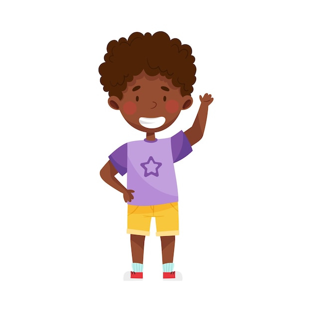 Vector el personaje del niño sonriente saludando agitando la mano y diciendo hola ilustración vectorial