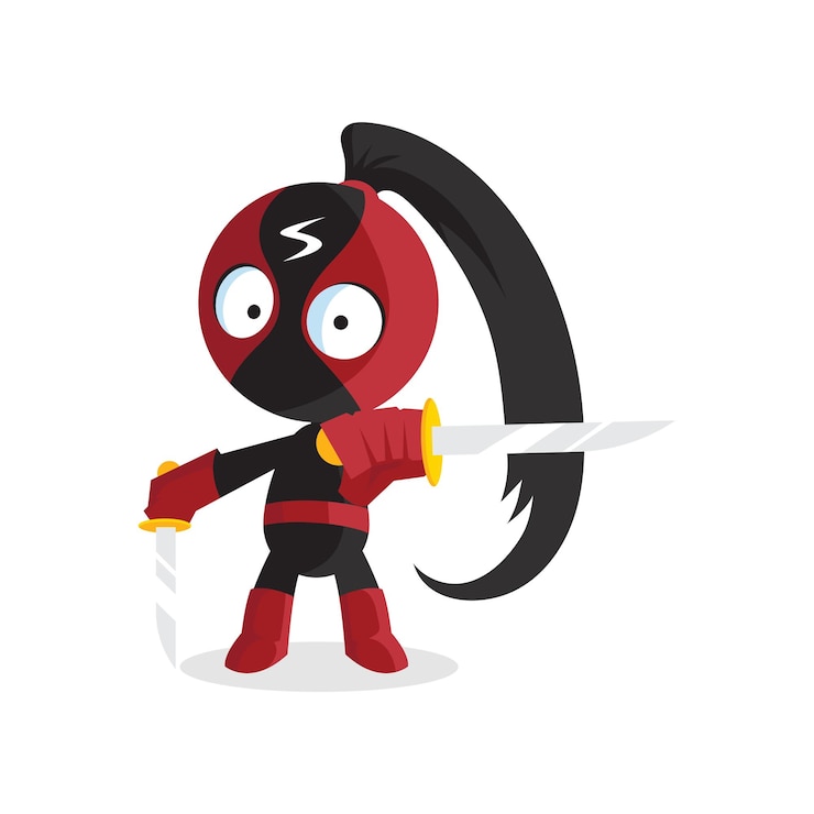 Vector personaje de niño superhéroe ninja con espada saltando vector de dibujos animados ilustración sobre un fondo blanco