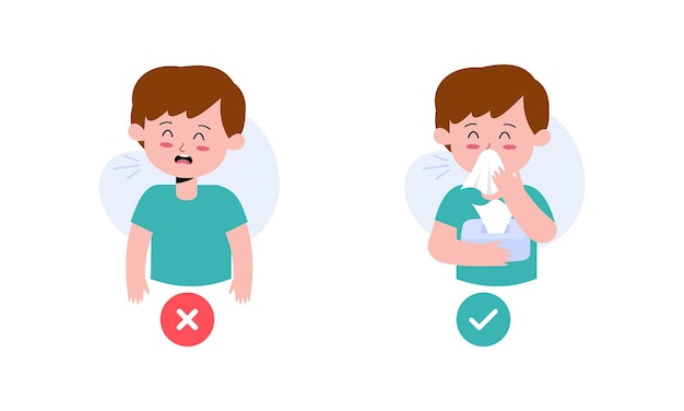 Personaje de los niños que contrae la gripe Niños tosiendo y estornudando de la manera correcta e incorrecta Ilustración