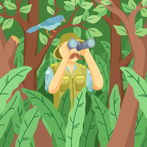 Personaje de observador de aves cazando en la selva