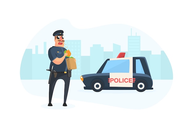 Personaje de oficial de policía de pie cerca del coche de policía y comiendo hamburguesa ilustración vectorial