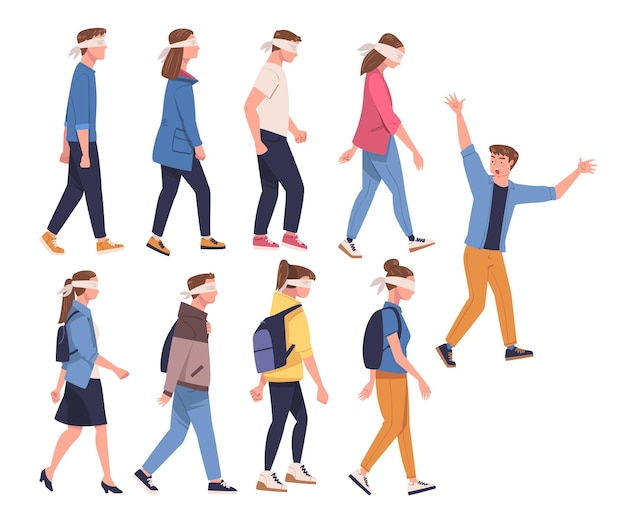 Personaje con los ojos vendados siguiendo a una persona confiando en él Conjunto vectorial