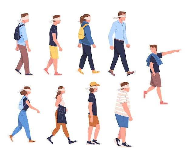 Personaje con los ojos vendados siguiendo a una persona confiando en él Conjunto vectorial