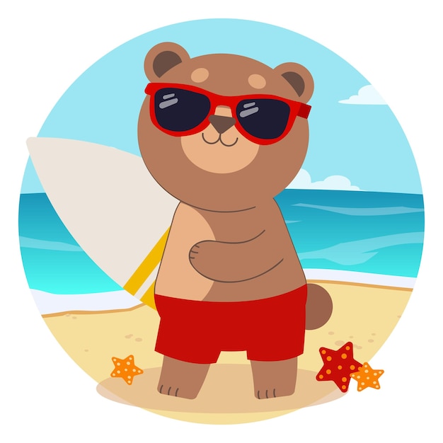 El personaje del oso lindo usa gafas de sol y tabla de surf en plano.