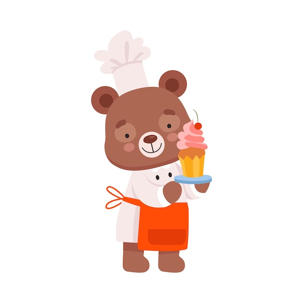 Personaje de oso sonriente con uniforme de chef sosteniendo un pastel con crema batida en la ilustración vectorial de la bandeja