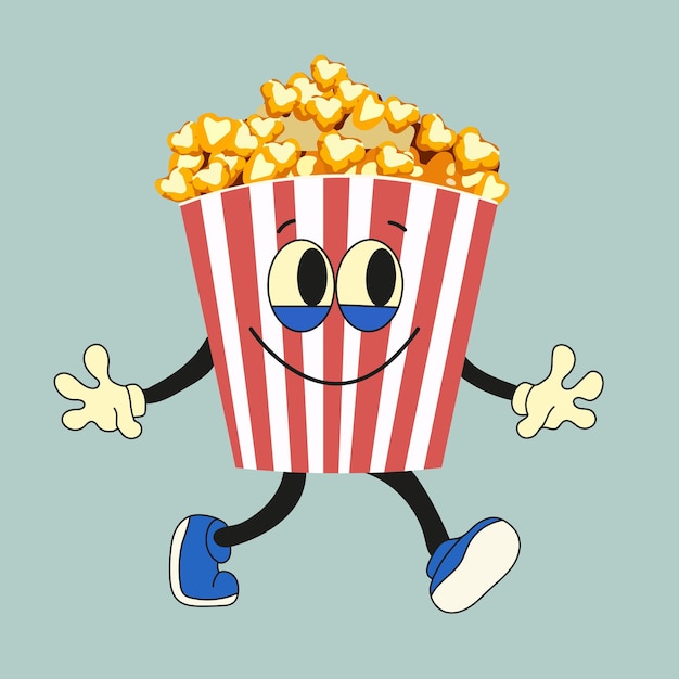 Personaje de palomitas de maíz divertido de dibujos animados Cubo de palomitas de maíz vectorial con lindo rostro sonriente brazos piernas Fast foo