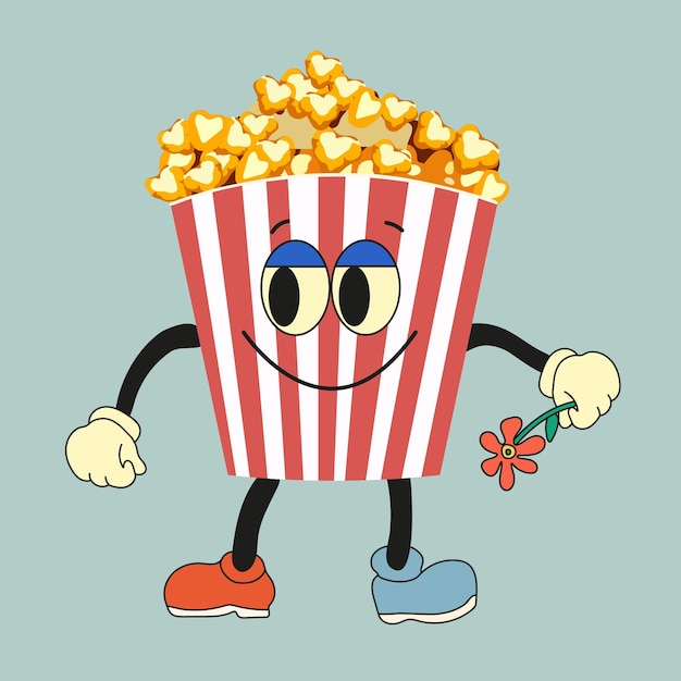 Personaje de palomitas de maíz divertido de dibujos animados con flor Vector cubo de palomitas de maíz con una linda carita sonriente Rápido