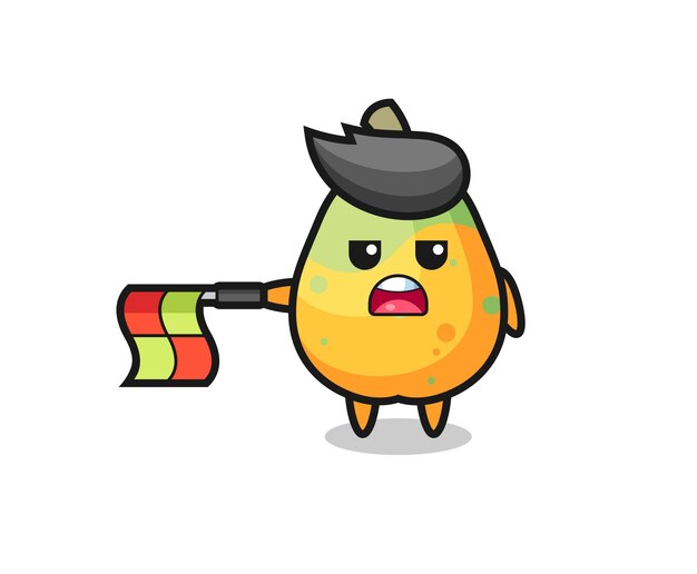 Personaje de papaya como juez de línea sostiene la bandera en posición horizontal, diseño de estilo lindo para camiseta, pegatina, elemento de logotipo