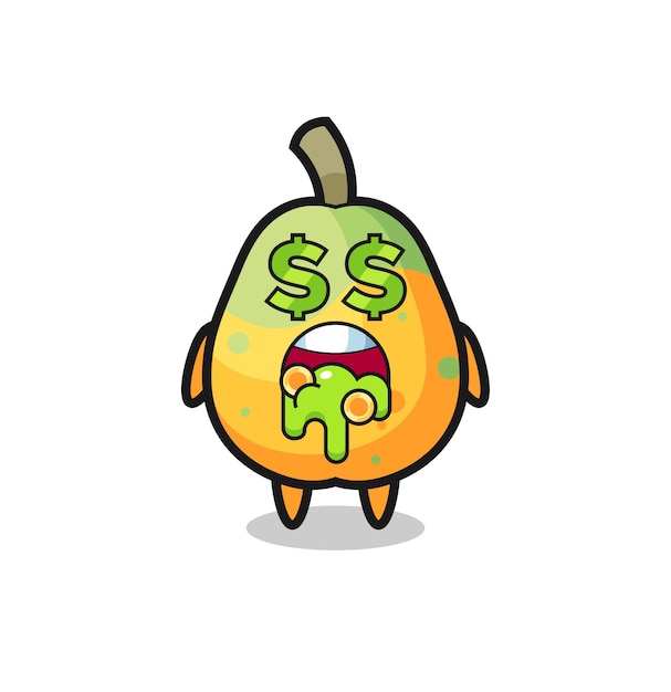 Personaje de papaya con expresión de loco por el dinero.