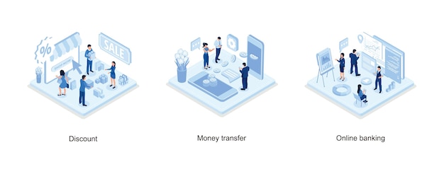 Personaje parado cerca de vales de descuento para compras, concepto de transferencia de dinero, realidad aumentada