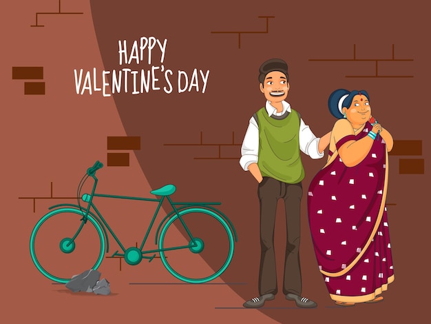 Personaje de una pareja india de dibujos animados y una bicicleta en una pared de ladrillo blanco para el concepto de Feliz Día de San Valentín