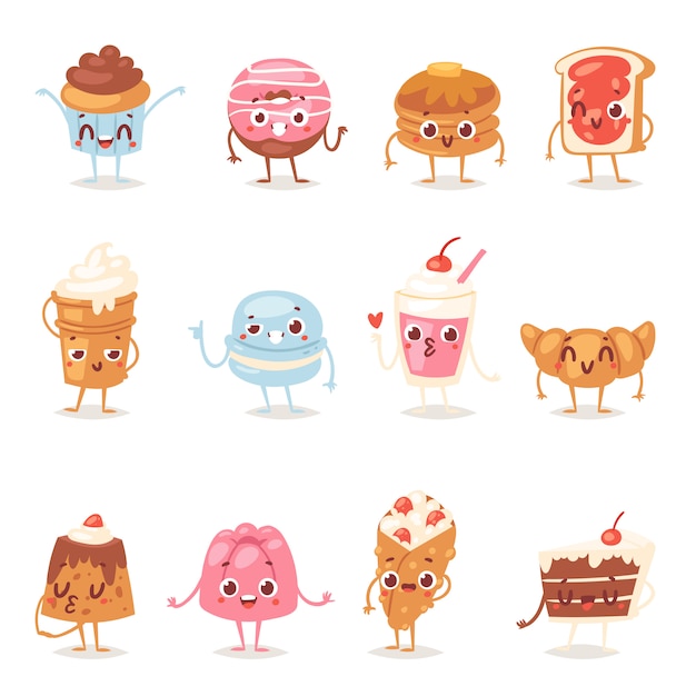 Vector personaje de pastel de dibujos animados dulces de chocolate confitería cupcake emoción y postre dulce de confitería con caramelos pasteles ilustración donut confeccionado en conjunto de panadería aislado sobre fondo blanco