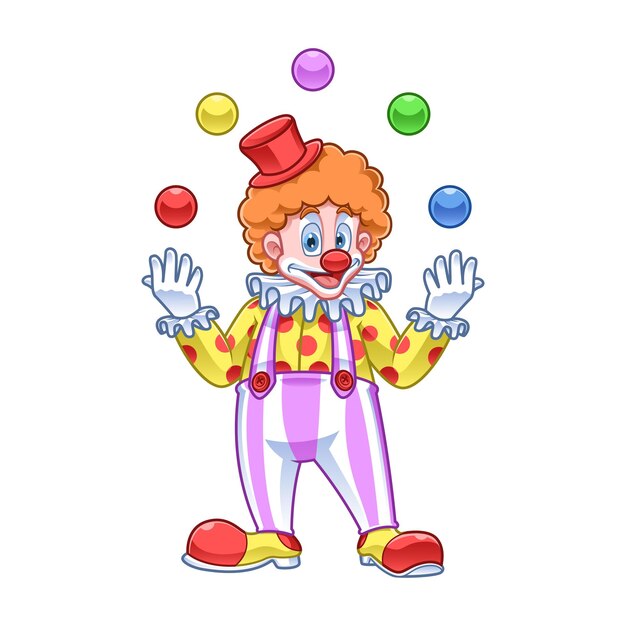 Personaje payaso realizando trucos de pelota coloridos
