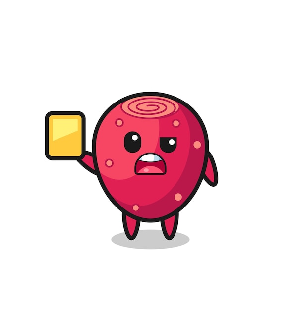 Personaje de pera espinosa de dibujos animados como árbitro de fútbol dando una tarjeta amarilla