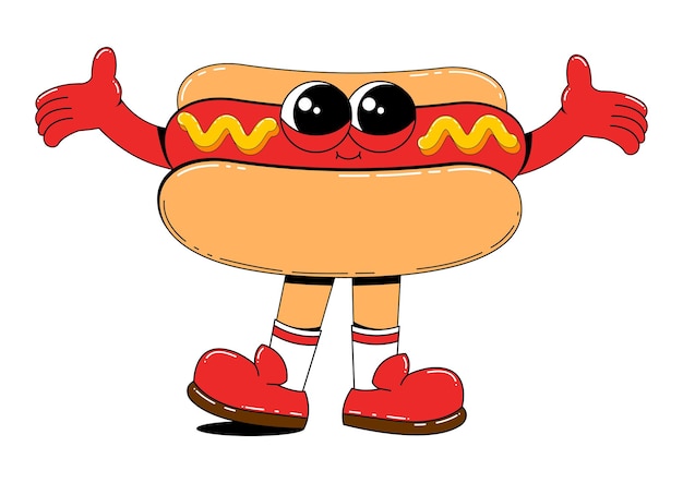 Vector personaje de perrito caliente en estilo de dibujos animados retro ilustración vectorial de comida rápida en fondo blanco aislado