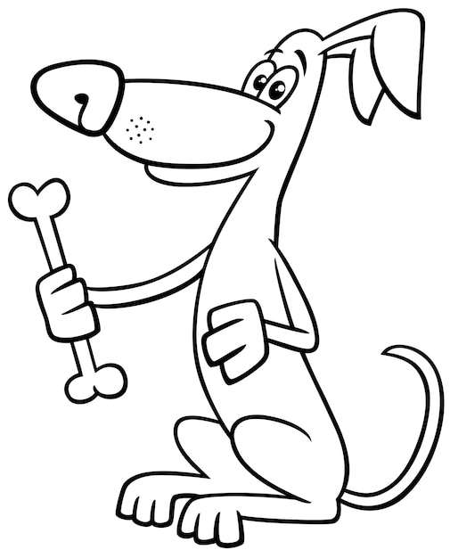 Vector personaje de perro de dibujos animados con hueso de perro para colorear página