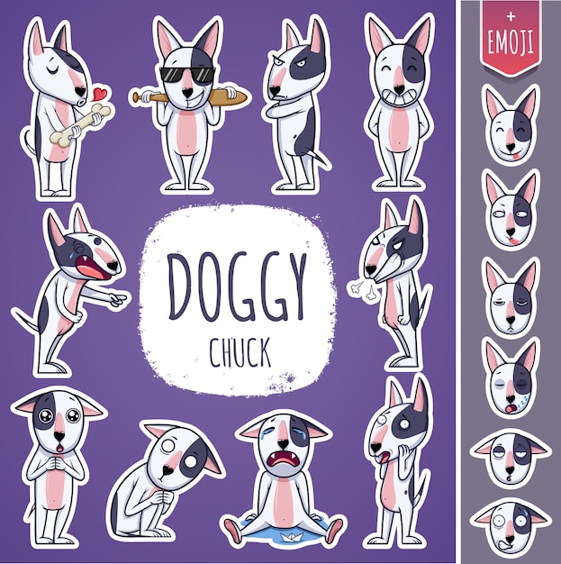 Personaje de perro de dibujos animados. pegatinas de emoticonos con diferentes emociones. ilustración de vector.