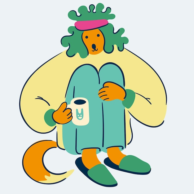 Vector personaje de perro peludo con una taza de bebida sentado