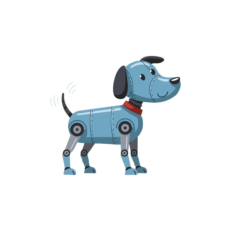 Vector personaje de perro robot en azul con cuello rojo de pie y agitando la ilustración vectorial de la cola
