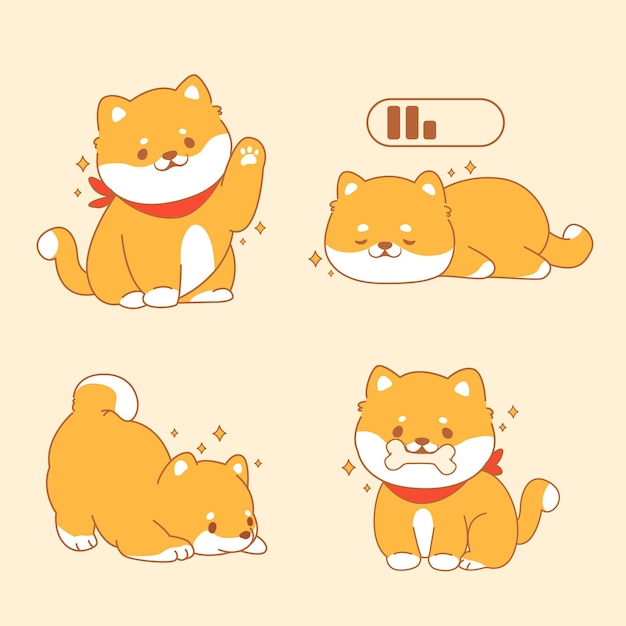 Personaje de perro shiba inu feliz en diferentes poses estilo kawaii de dibujos animados lindo doodle