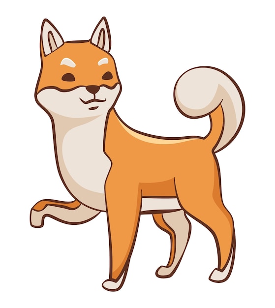 Personaje de perro shiba inu mascota juguetona de pie pegatina vectorial dibujada a mano perro lindo y divertido amigo adorable