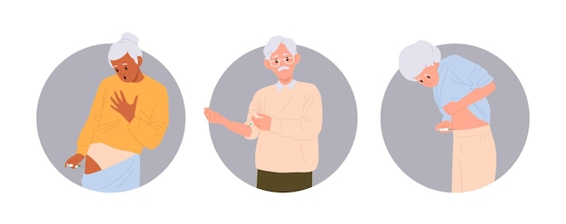 Personaje de personas mayores que se inyectan a sí mismos para el tratamiento de enfermedades crónicas composición redonda