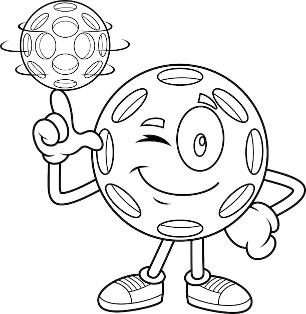 Personaje de Pickleball haciendo girar la pelota en el dedo en blanco y negro