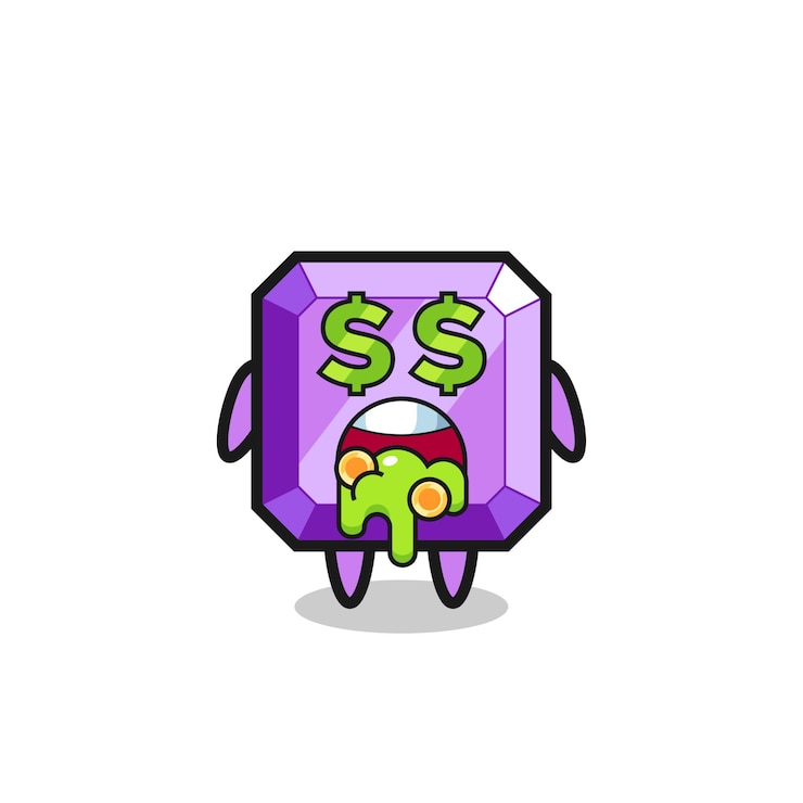 Vector personaje de piedra preciosa púrpura con una expresión de locura por el dinero, diseño de estilo lindo para camiseta, pegatina, elemento de logotipo