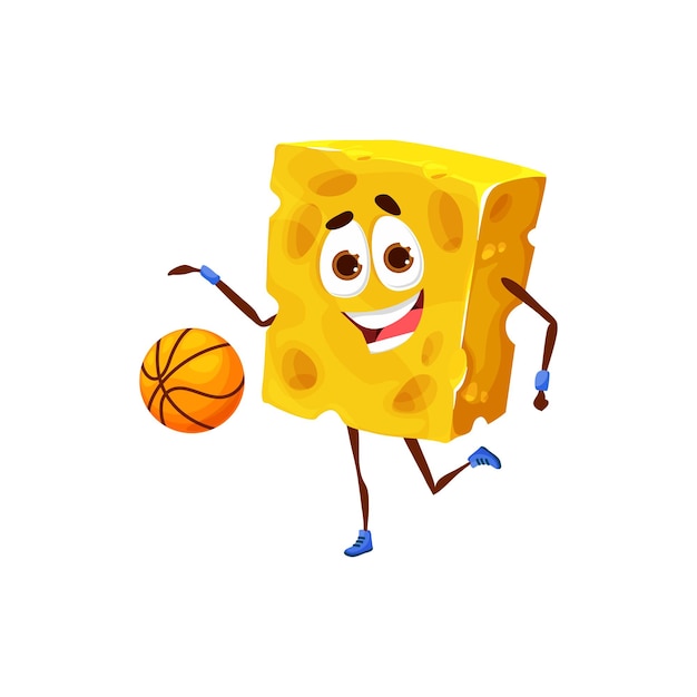 Personaje de pieza de queso de dibujos animados jugando baloncesto