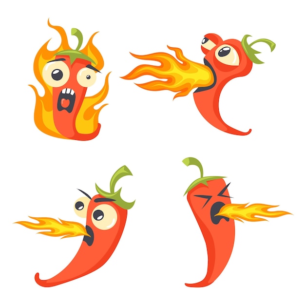 Personaje de pimienta ardiente Dibujos animados divertidos chiles picantes queman personajes fríos diferentes chiles jalapeños llama roja mascota para salsa picante ilustración vectorial ordenada