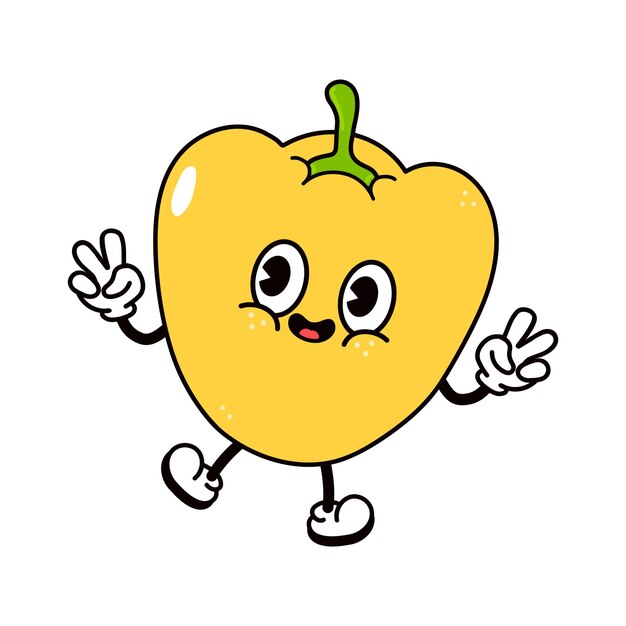 Personaje de pimienta de campana que salta, vector dibujado a mano, personaje tradicional de dibujos animados retro kawaii.