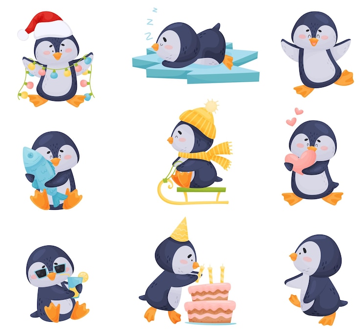 Vector personaje de pingüino disfrutando de la temporada de invierno conjunto de ilustraciones vectoriales